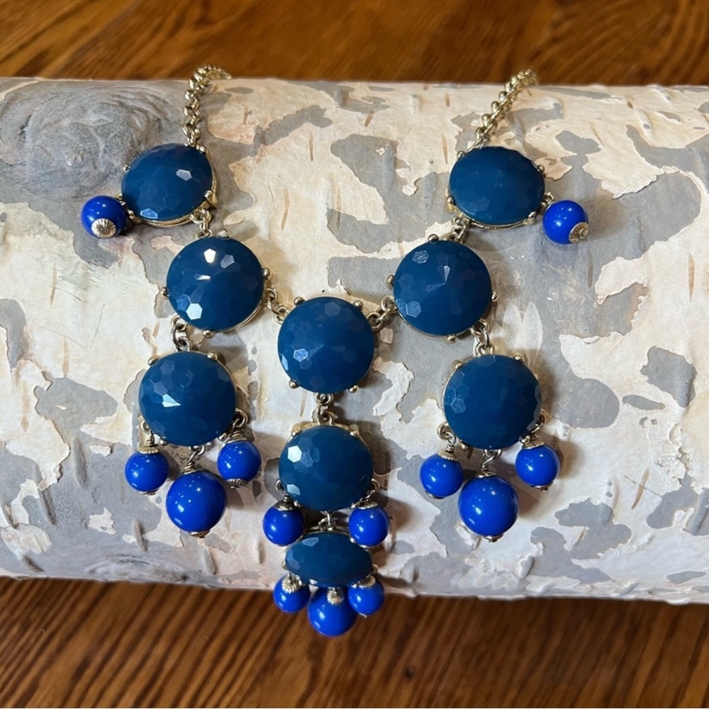 J Crew Dark & Bright Blue Waterfall Bib Statement Necklace Faceted Honeycomb